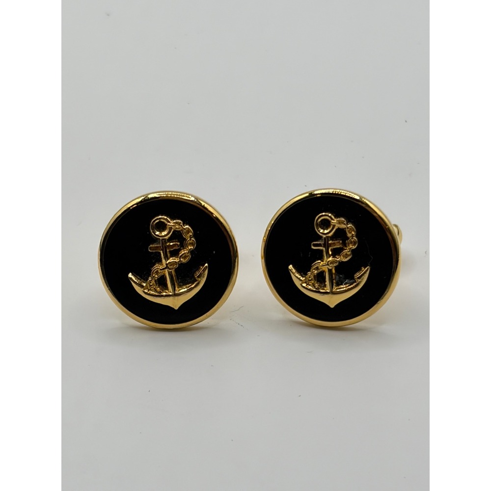 K Line Mens Gold Tone Black Enamel Anchor Nautical Toggle Back Cufflinks